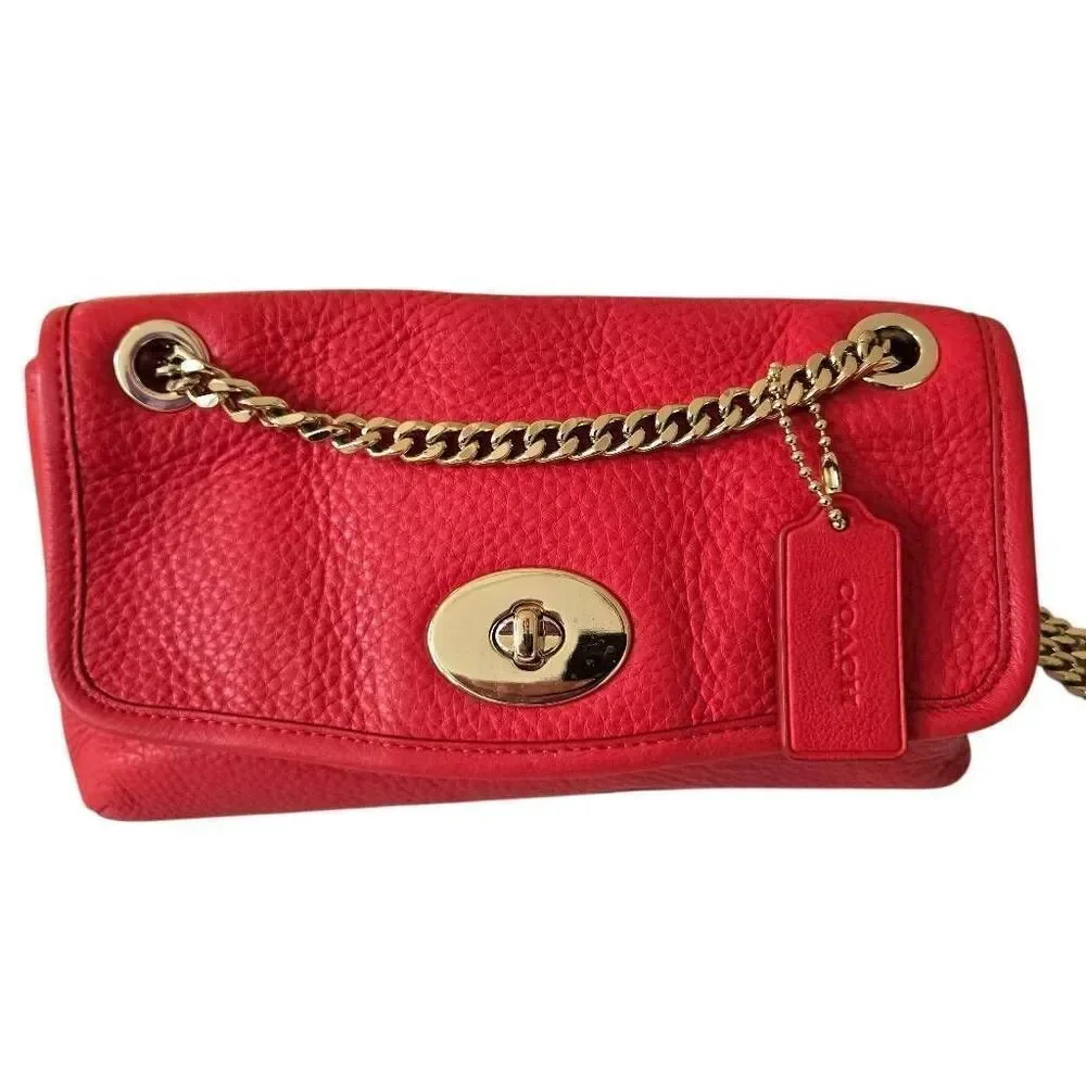 Coach Womens Pebble Leather Gold-tone Chain Strap Crossbody Cardinal Red OS